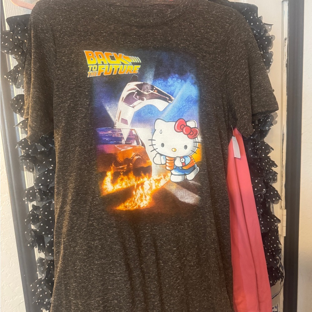 Uniqlo Dark Gray Graphic Tee with Hello Kitty and Back to the Future Design